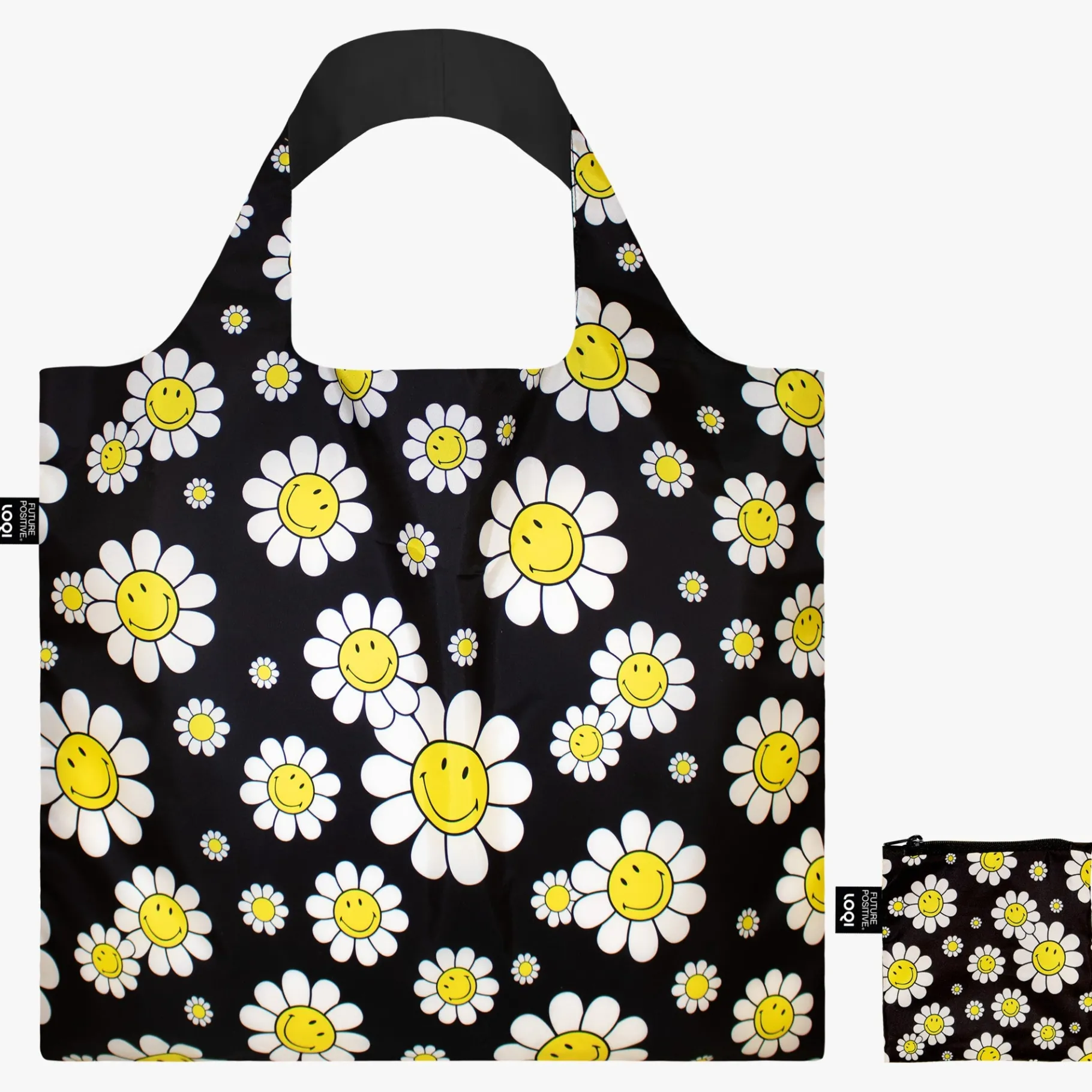 LOQI SMILEY Blumen Schwarze Recyclingtasche Flash Sale